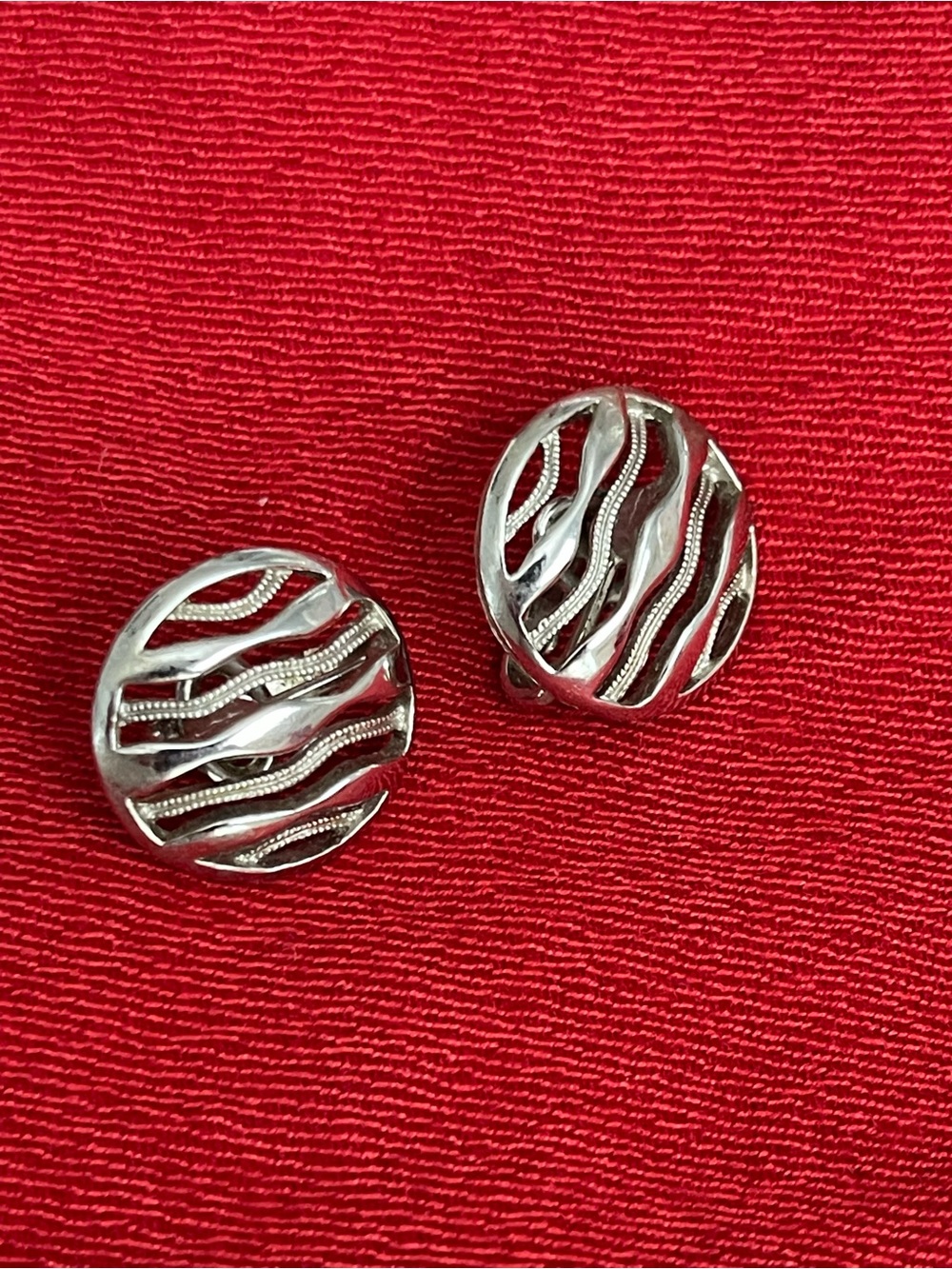 Trifari Silver-Tone Wave Cutout Clip-On Statement Earrings Women Vintage